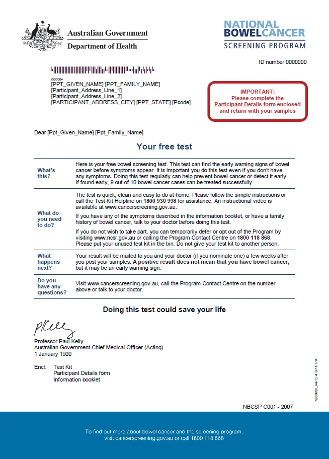 National Bowel Cancer Screening Program – invitation letter