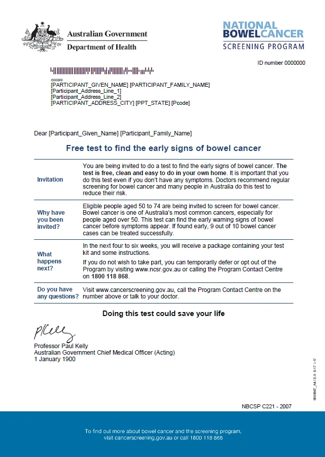 National Bowel Cancer Screening Program – pre-invite letter