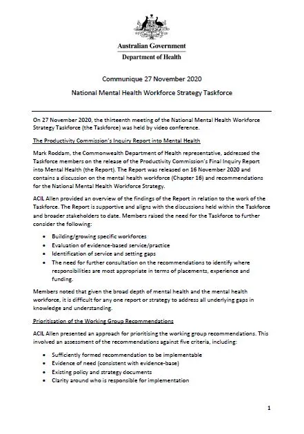 National Mental Health Workforce Strategy Taskforce - Communique 27 November 2020 