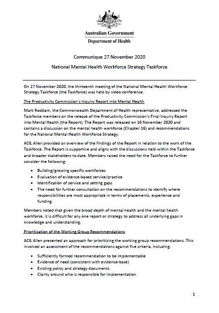 National Mental Health Workforce Strategy Taskforce - Communique 27 November 2020 