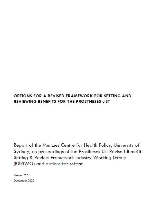 Cover image for Options for a revised framework for setting and reviewing benefits for the Prostheses List report