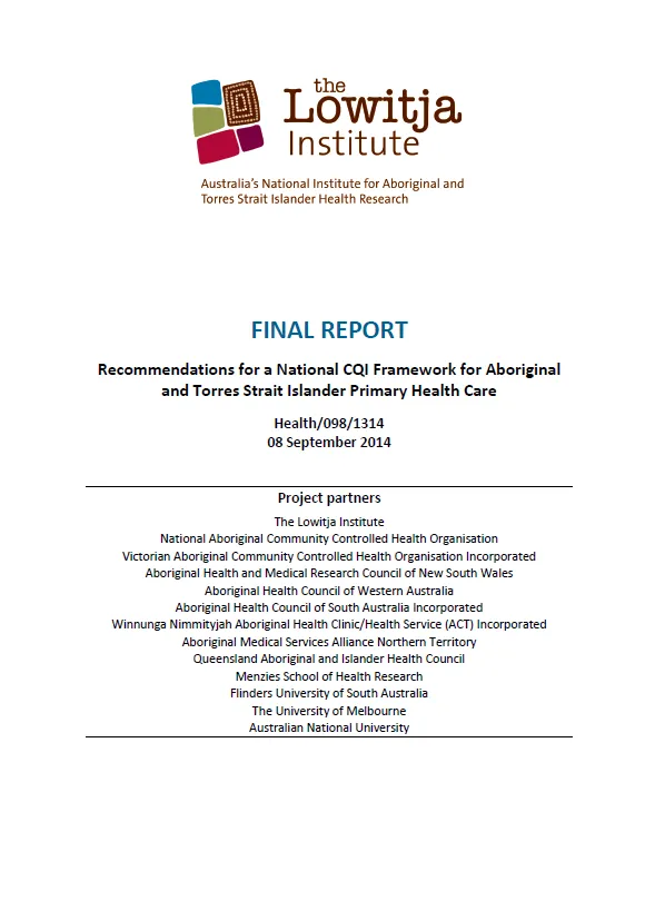 Cover image for Recommendations for a national continuous quality improvement framework for Aboriginal and Torres Strait Islander primary health care – final report