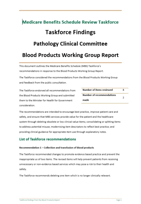 Cover image for the Taskforce findings for pathology clinical committee blood product working group report