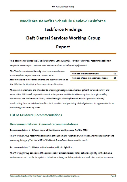 Cover image MBS review taskforce Cleft Dental Services Working Group report