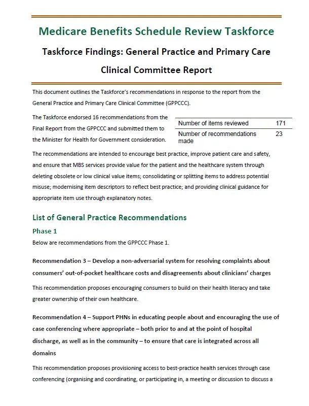 Taskforce Findings – General Practice and Primary Care Clinical Committee Report  cover