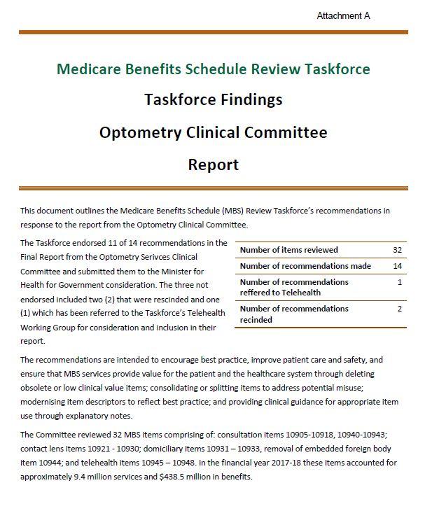 Taskforce Findings – Optometry Clinical Committee Report cover