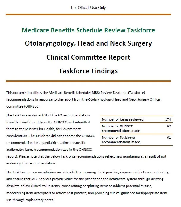 Taskforce Findings - Otolaryngology, Head and Neck Surgery Clinical Committee Report cover