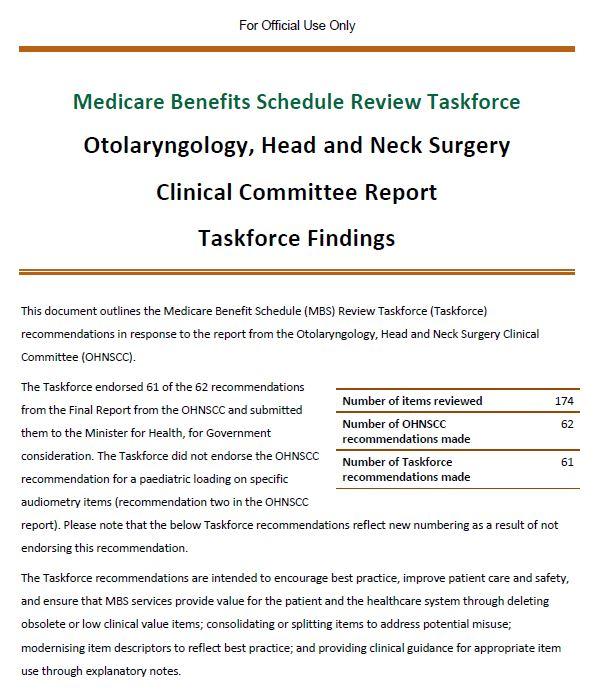 Taskforce Findings - Otolaryngology, Head and Neck Surgery Clinical Committee Report cover