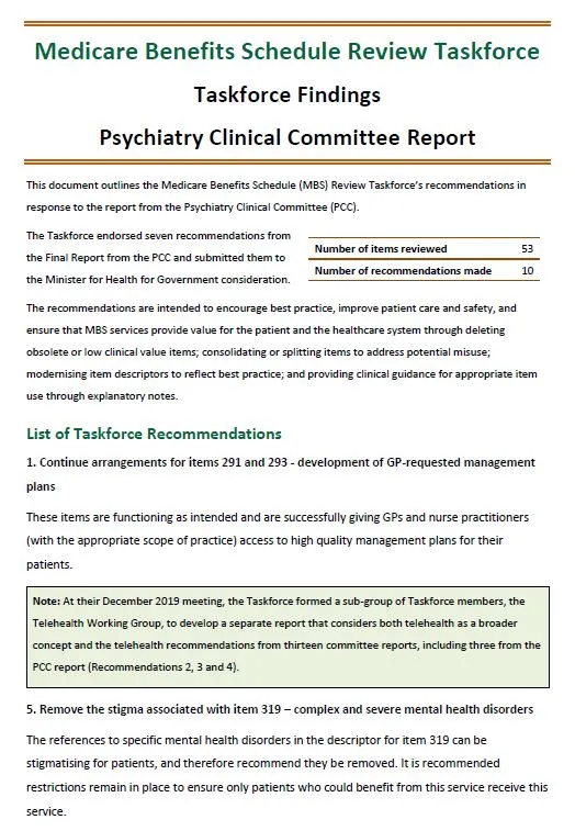 Taskforce Findings – Psychiatry Clinical Committee Report cover
