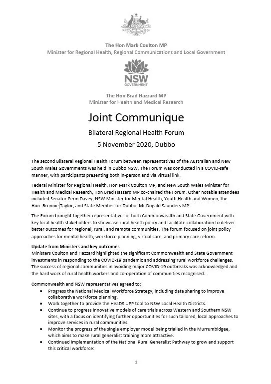 Commonwealth-New South Wales Bilateral Regional Health Forum Communiqué
