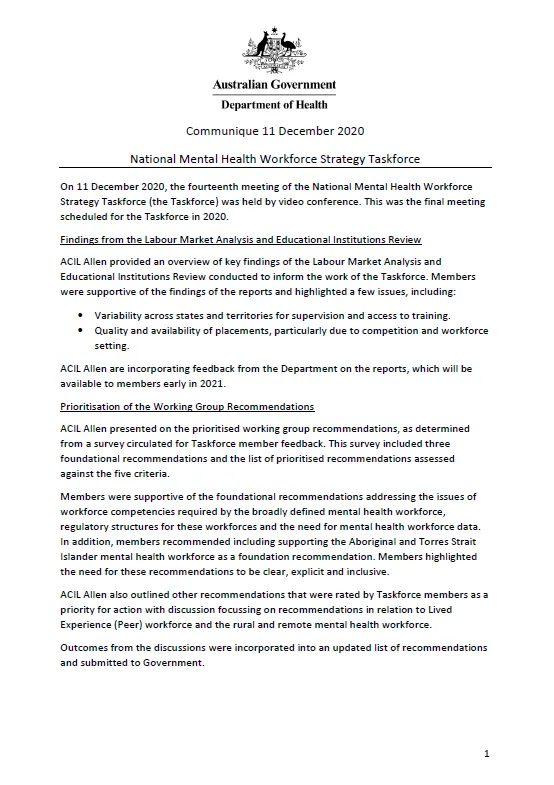 Cover image for the National Mental Health Workforce Strategy Taskforce communique