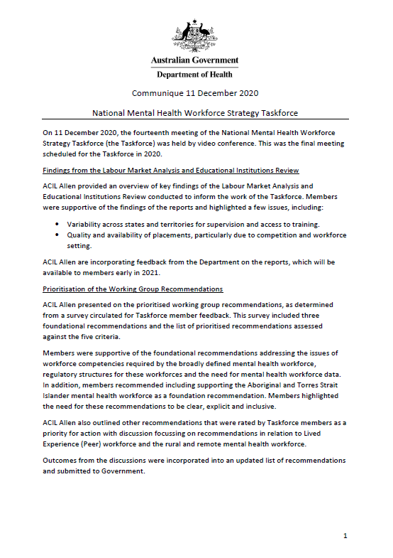 Cover image for the National Mental Health Workforce Strategy Taskforce communique