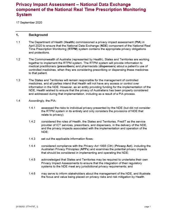 Real Time Prescription Monitoring public summary of the Privacy Impact Assessment