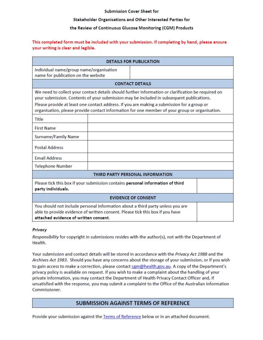 Review of CGM products – submission cover sheet