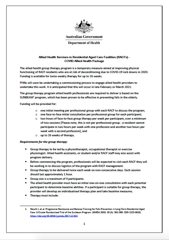 Allied Health Services in Residential Aged Care Facilities (RACFs) – COVID Allied Health Package title page