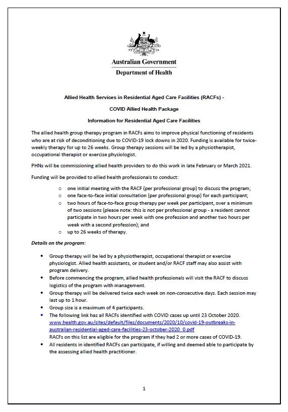 COVID Allied Health Package Information for Residential Aged Care Facilities cover