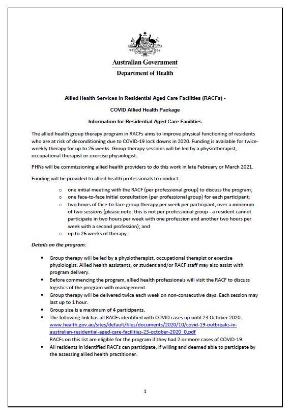 COVID Allied Health Package Information for Residential Aged Care Facilities cover