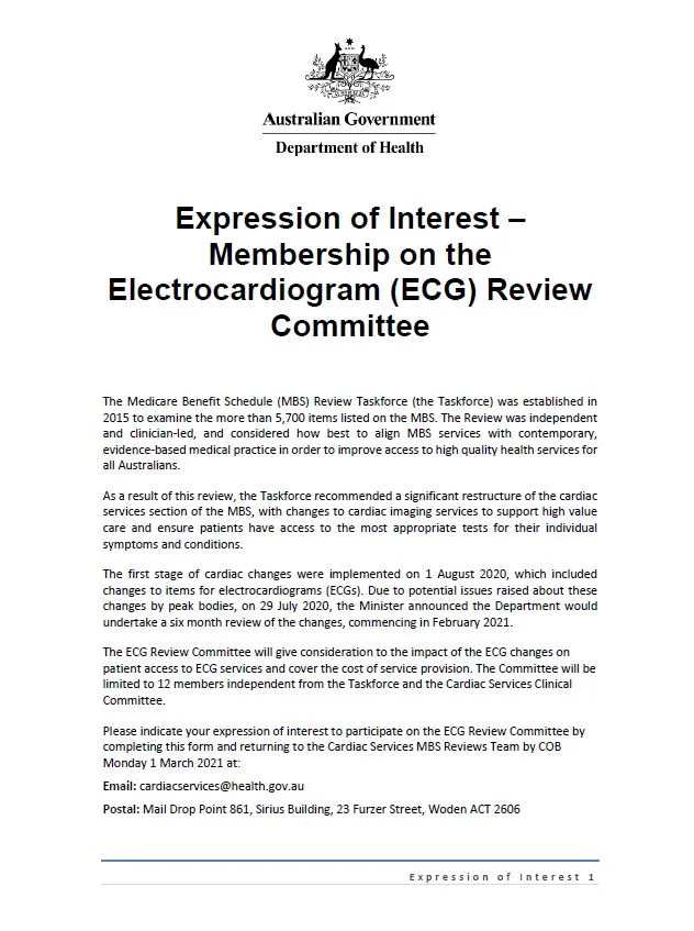 Expression of Interest – Membership on the Electrocardiogram (ECG) Review Committee cover