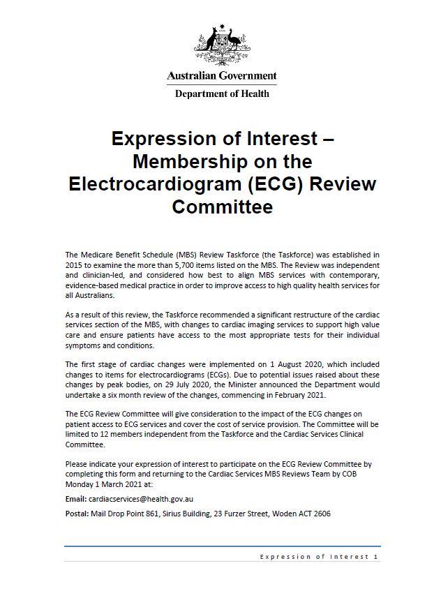 Expression of Interest – Membership on the Electrocardiogram (ECG) Review Committee cover