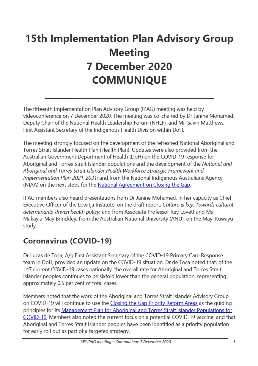 Implementation Plan Advisory Group (IPAG) communique – 7 December 2020