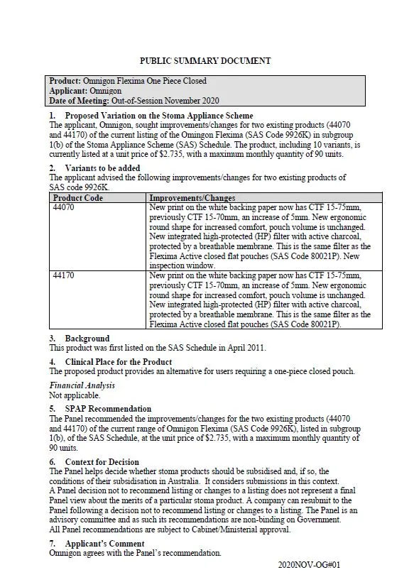 Cover image for SPAP public summary documents – November 2020 out of session – Omnigon Flexima 1-piece closed