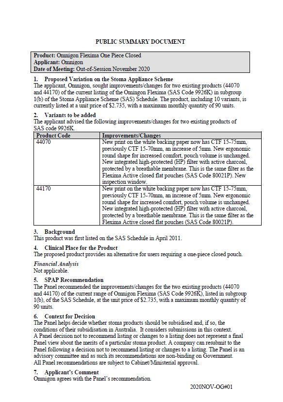 Cover image for SPAP public summary documents – November 2020 out of session – Omnigon Flexima 1-piece closed