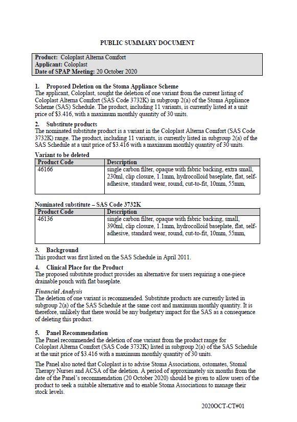 Cover image for SPAP public summary documents – October 2020 – Coloplast Alterna Comfort one-piece drainable pouch with flat baseplate