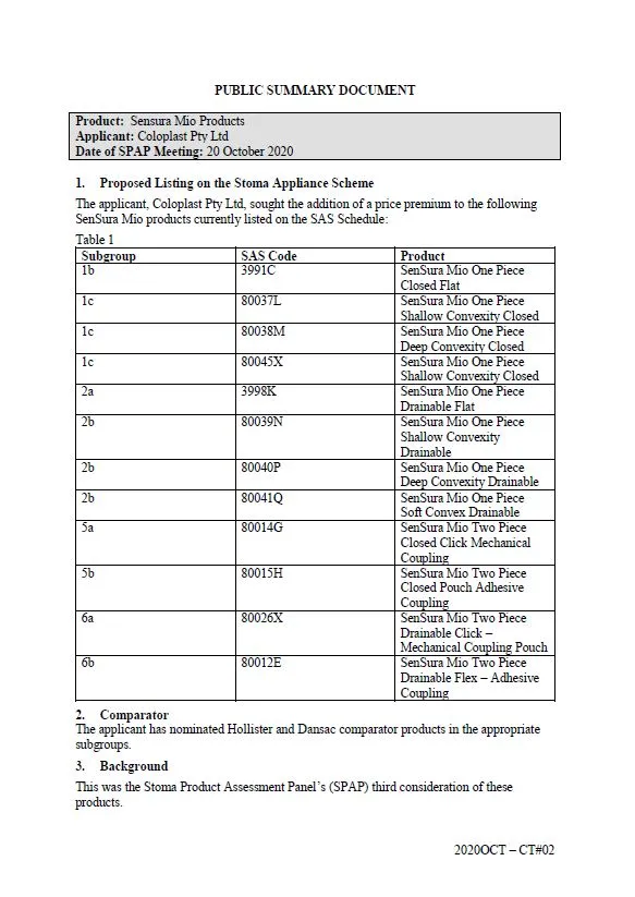 Cover image for SPAP public summary documents – October 2020 – Coloplast SenSura Mio products price premium