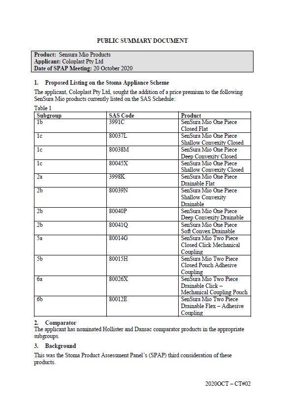 Cover image for SPAP public summary documents – October 2020 – Coloplast SenSura Mio products price premium
