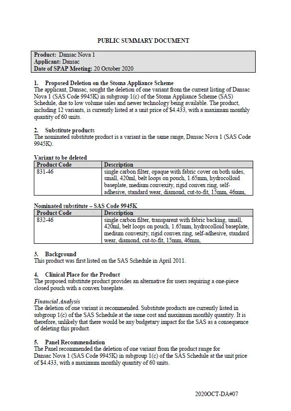 Cover image for SPAP public summary documents – October 2020 – Dansac Nova 1 one-piece closed pouch with a convex baseplate