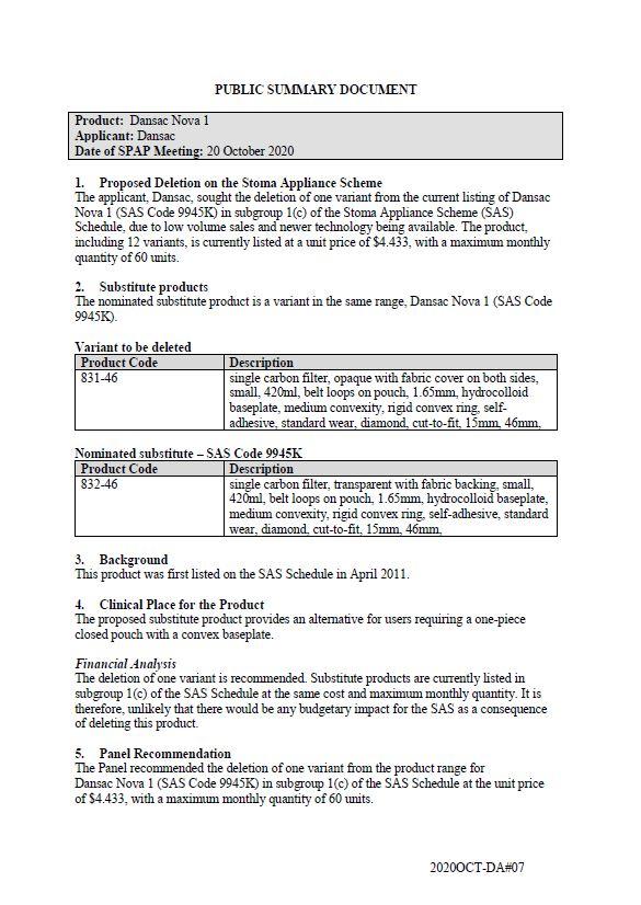 Cover image for SPAP public summary documents – October 2020 – Dansac Nova 1 one-piece closed pouch with a convex baseplate
