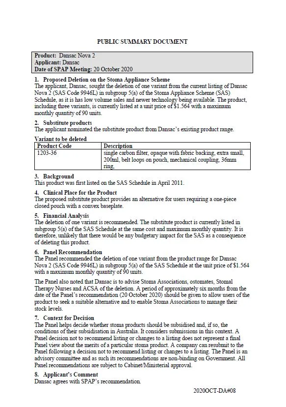 Cover image for SPAP public summary documents – October 2020 – Dansac Nova 2 one-piece closed pouch with a convex baseplate