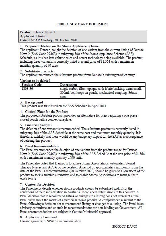 Cover image for SPAP public summary documents – October 2020 – Dansac Nova 2 one-piece closed pouch with a convex baseplate