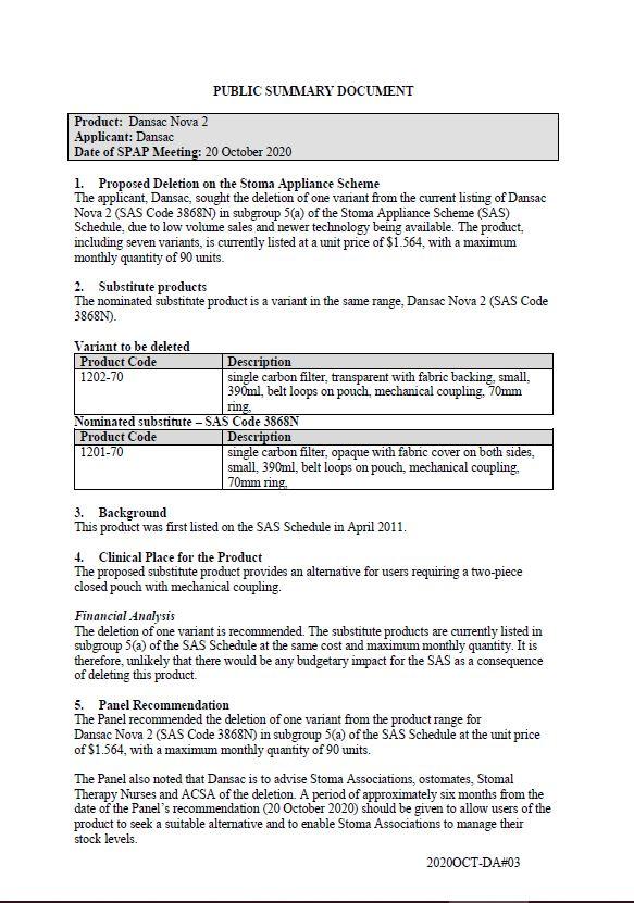 Cover image for SPAP public summary documents – October 2020 – Dansac Nova 2 two-piece closed pouch with mechanical coupling
