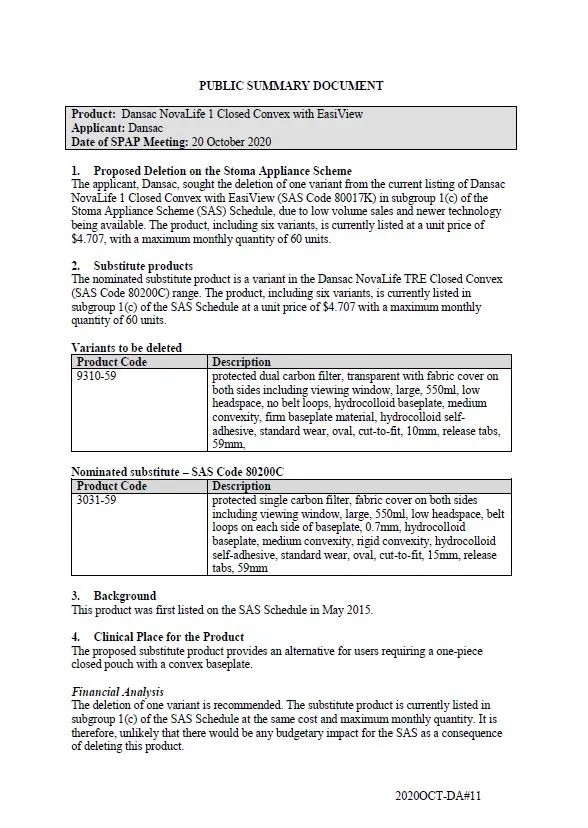 Cover image for SPAP public summary documents – October 2020 – Dansac NovaLife 1 closed convex with EasiView