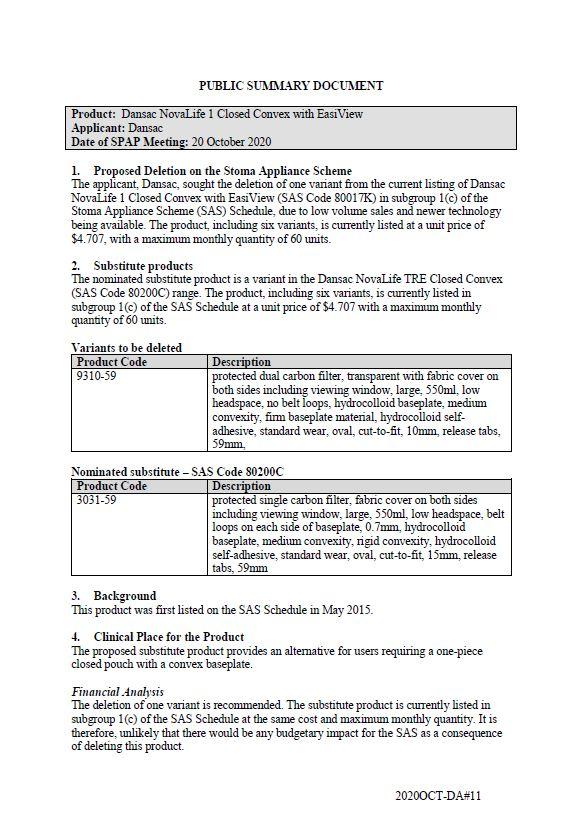 Cover image for SPAP public summary documents – October 2020 – Dansac NovaLife 1 closed convex with EasiView
