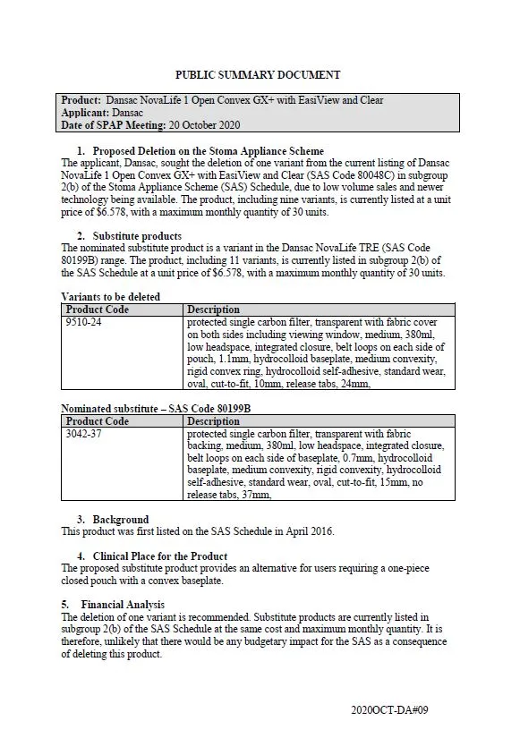Cover image for SPAP public summary documents – October 2020 – Dansac NovaLife 1 open convex GX+ with EasiView and clear