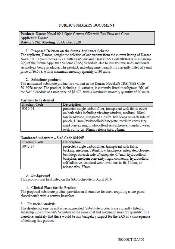 Cover image for SPAP public summary documents – October 2020 – Dansac NovaLife 1 open convex GX+ with EasiView and clear