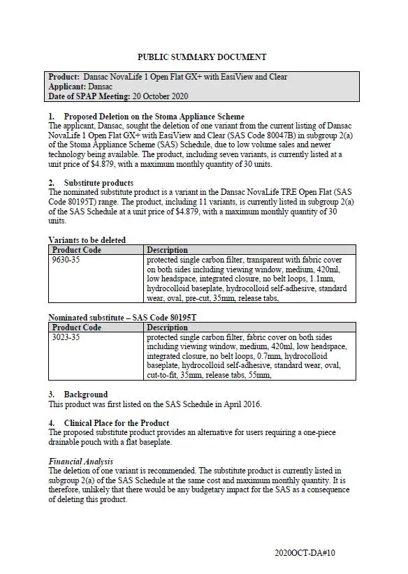 Cover image for SPAP public summary documents – October 2020 – Dansac NovaLife 1 open flat GX+ with EasiView and clear