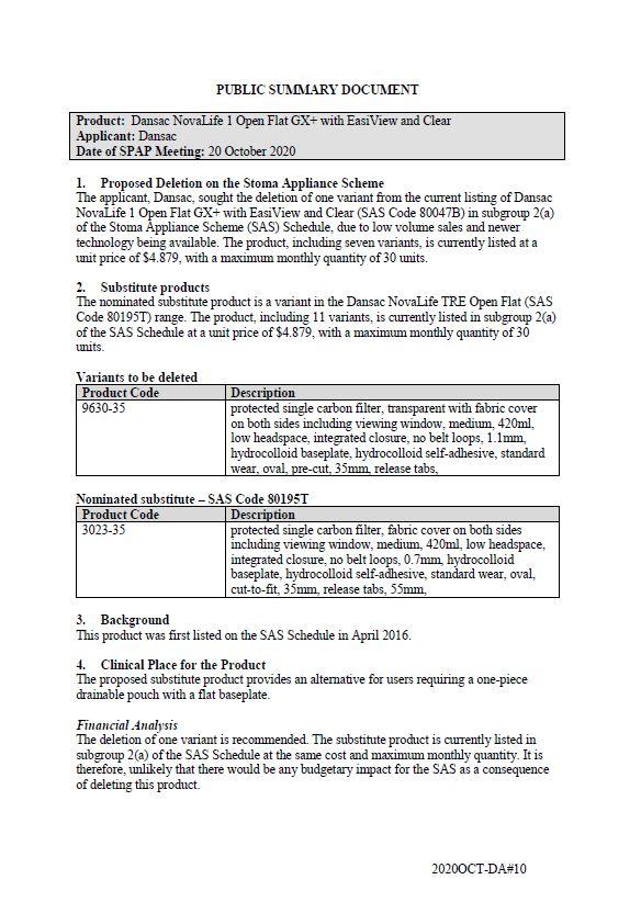 Cover image for SPAP public summary documents – October 2020 – Dansac NovaLife 1 open flat GX+ with EasiView and clear