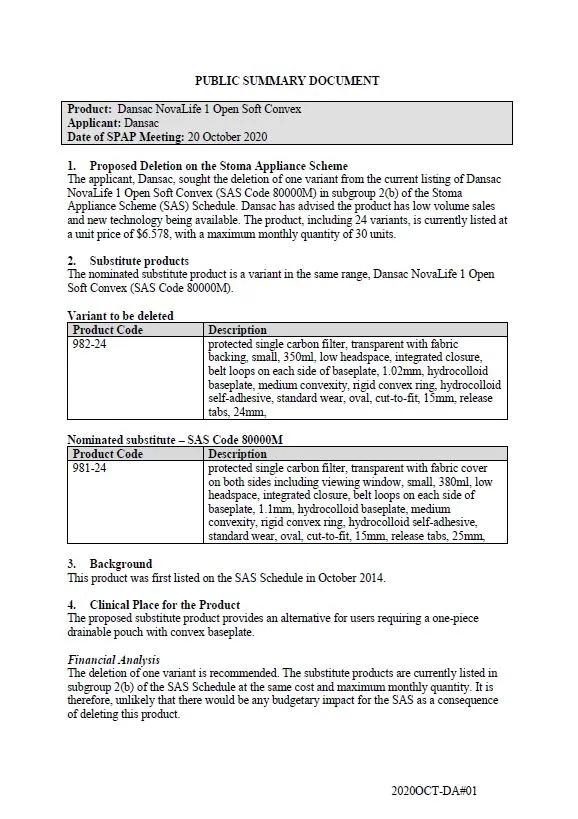 Cover image for SPAP public summary documents – October 2020 – Dansac NovaLife 1 open soft convex
