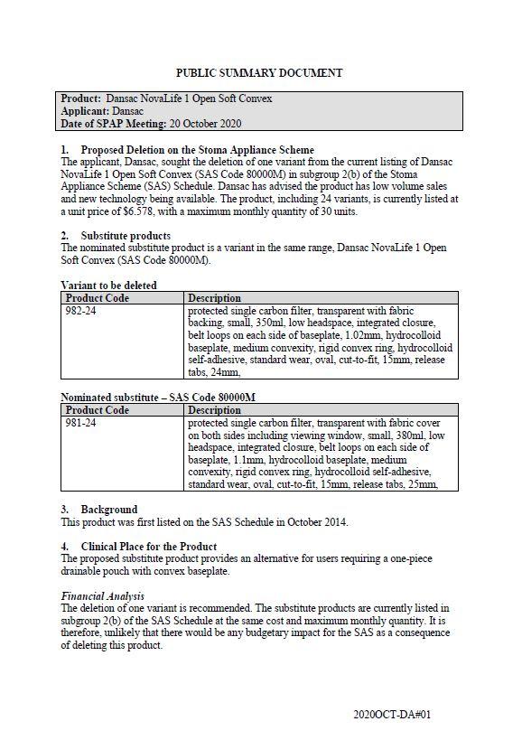 Cover image for SPAP public summary documents – October 2020 – Dansac NovaLife 1 open soft convex