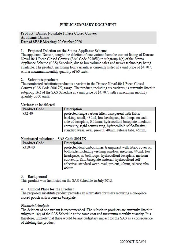 Cover image for SPAP public summary documents – October 2020 – Dansac NovaLife 1-piece closed convex