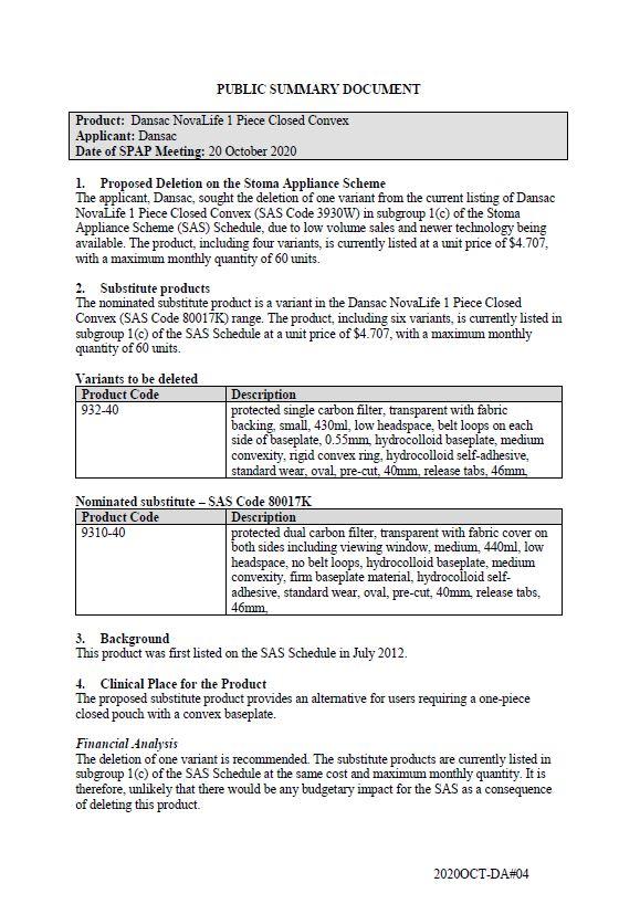 Cover image for SPAP public summary documents – October 2020 – Dansac NovaLife 1-piece closed convex