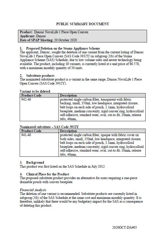 Cover image for SPAP public summary documents – October 2020 – Dansac NovaLife 1-piece open convex