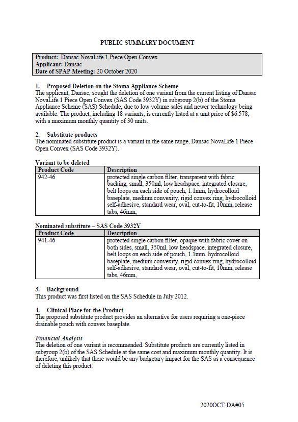 Cover image for SPAP public summary documents – October 2020 – Dansac NovaLife 1-piece open convex