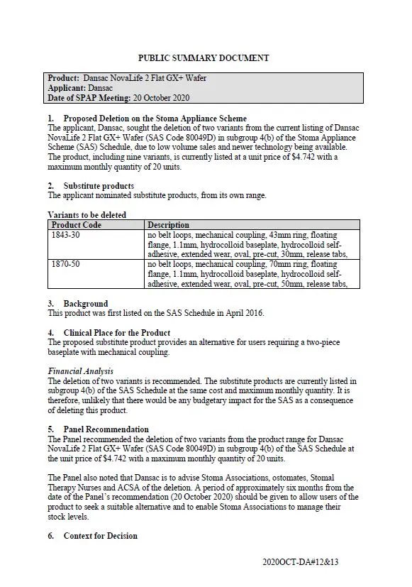 Cover image for SPAP public summary documents – October 2020 – Dansac NovaLife 2 Flat GX+ Wafer
