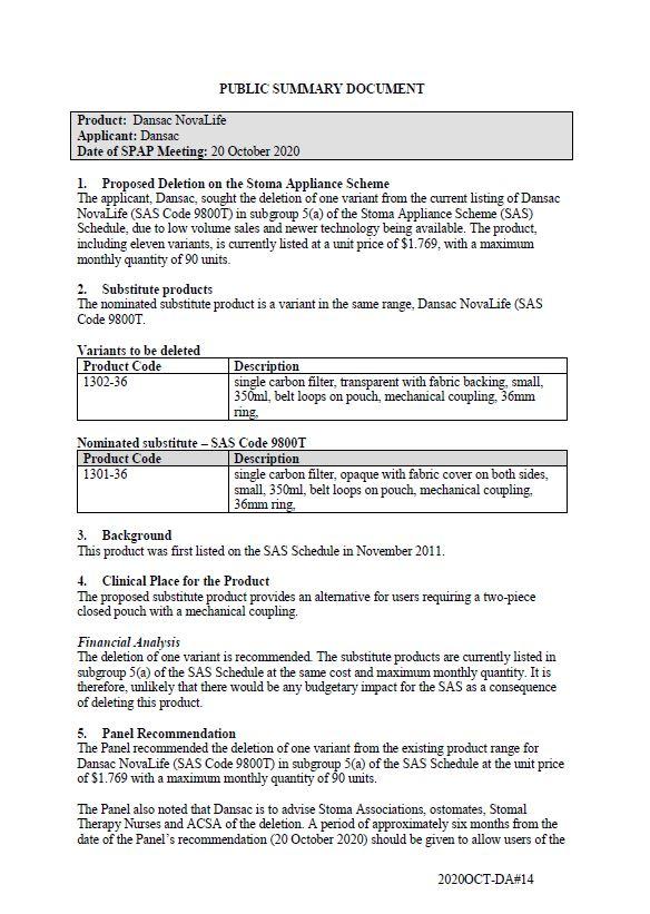 Cover image for SPAP public summary documents – October 2020 – Dansac NovaLife 2-piece closed pouch with a mechanical coupling