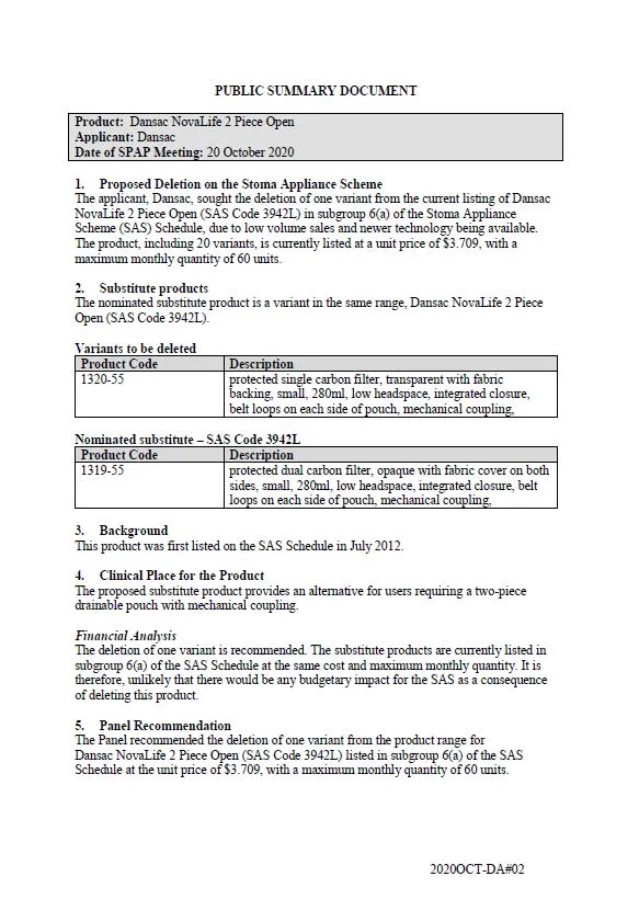 Cover image for SPAP public summary documents – October 2020 – Dansac NovaLife 2-piece open