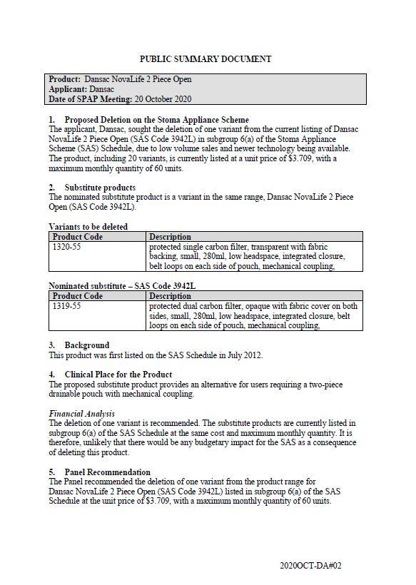 Cover image for SPAP public summary documents – October 2020 – Dansac NovaLife 2-piece open